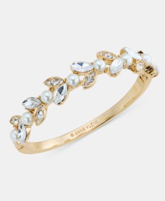 Glass Crystal and Imitation Pearl Gold-Tone Oval Navette Bangle Bracelet