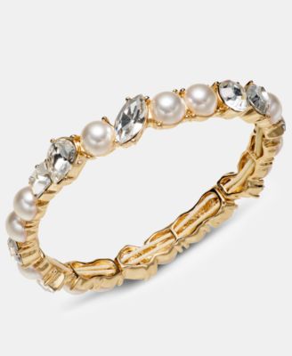 Glass Crystal and Faux Pearl Gold-Tone Cluster Stretch Bracelet