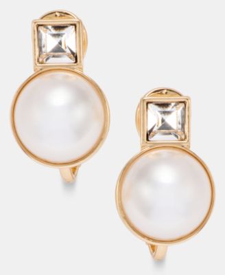 Crystal & Imitation Pearl Gold-Tone Princess Cut Button Earrings