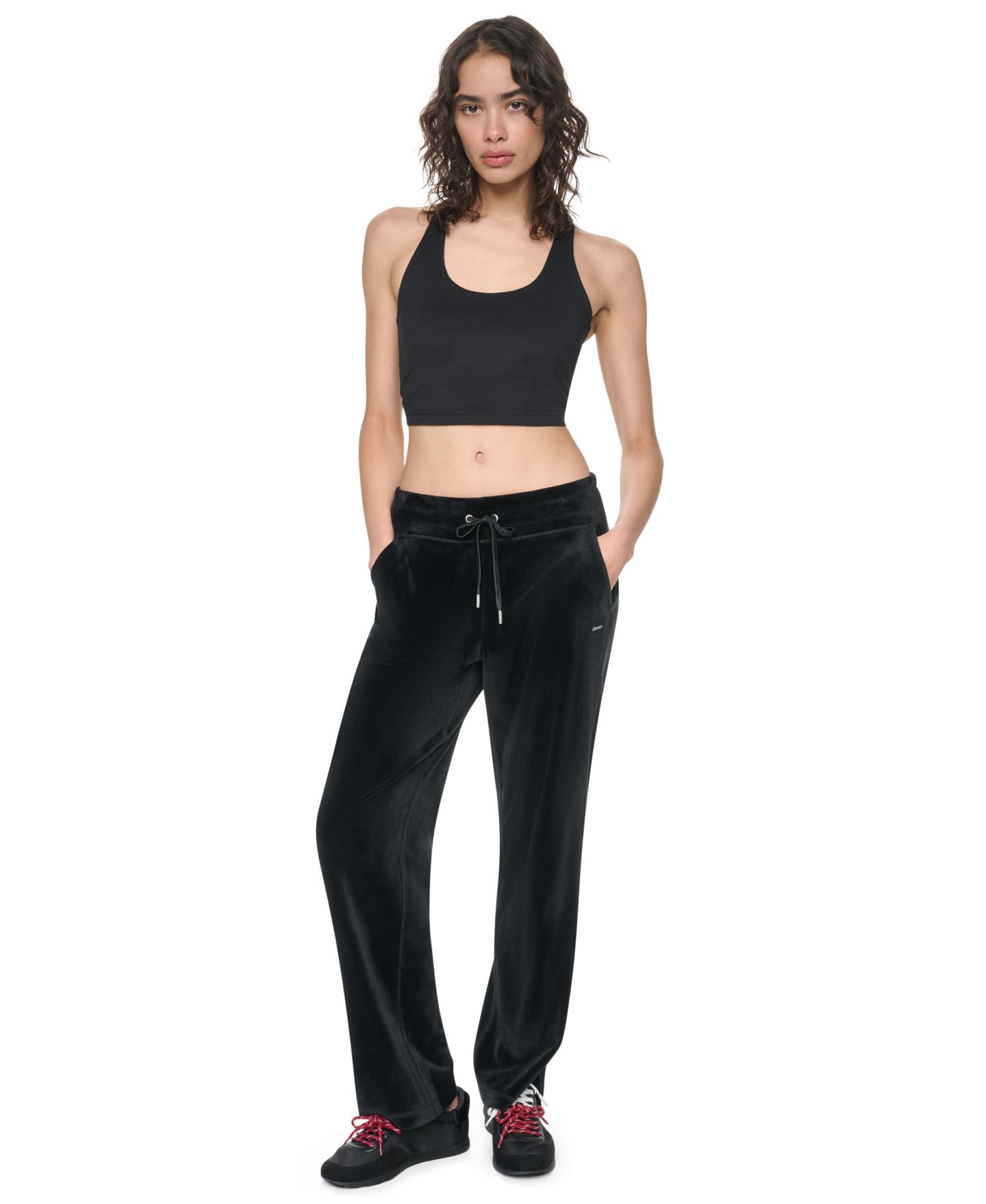 Женские брюки DKNY Sport Mid-Rise Super-Soft Velour Wide-Leg Track Pants, цвет: Чёрный — фото 5