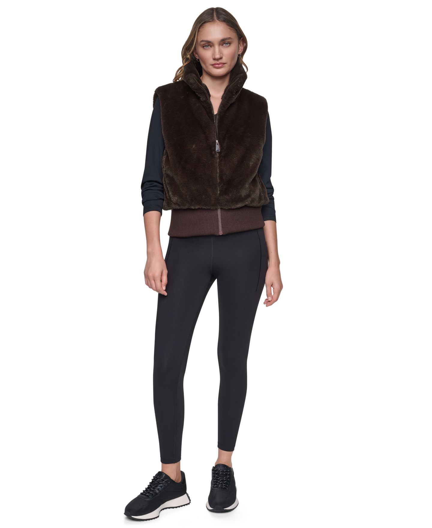Женский жилет DKNY Sport Mock-Neck Ribbed-Knit Hem Faux Fur Vest, цвет: Чёрный — фото 15