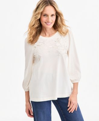 Petite Floral-Embellished 3/4-Sleeve Top