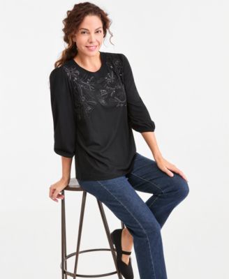 Women's 3/4-Sleeve Shine Embroidery Top