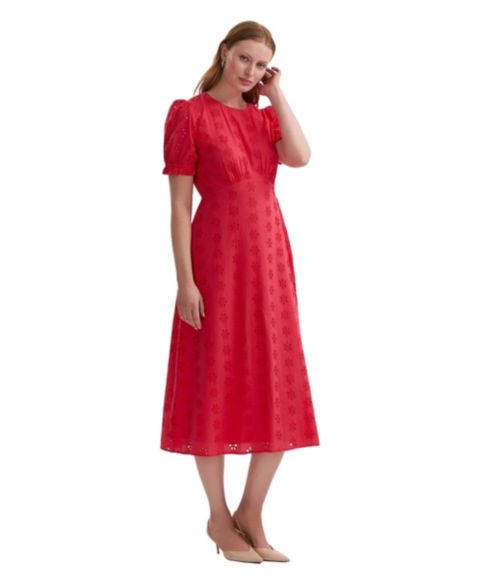 Женское платье Finery London Mela Cotton Floral-Embroidered Eyelet Empire-Waist Midi Tea, цвет: Коралловый