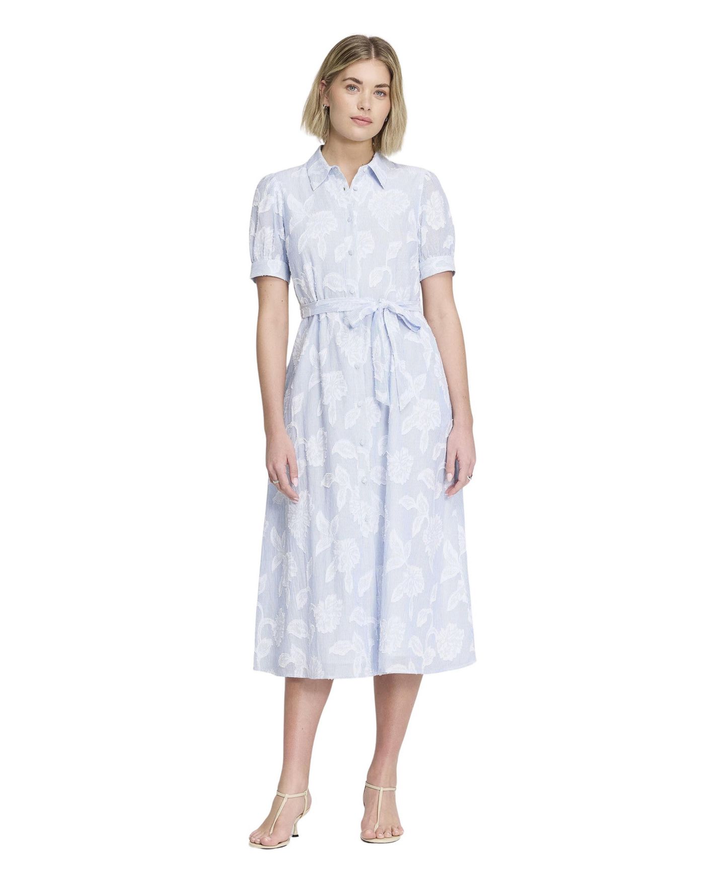 Женское платье Finery London Mariah Floral-Print Jacquard Midi Shirt Dress, цвет: Синий с принтом полосатый — фото 1