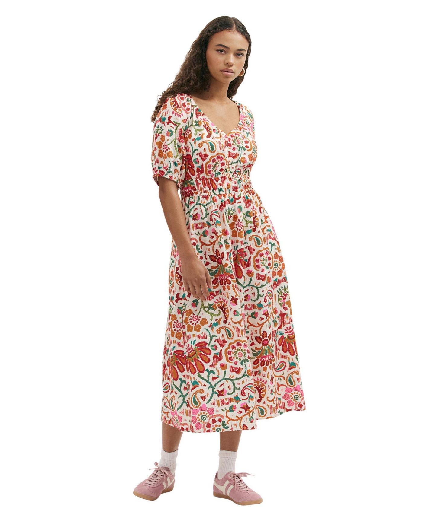 Женское платье Finery London Estee Floral-Print Short-Sleeve V-Neck Midi, цвет: Слоновая кость с принтом — фото 5