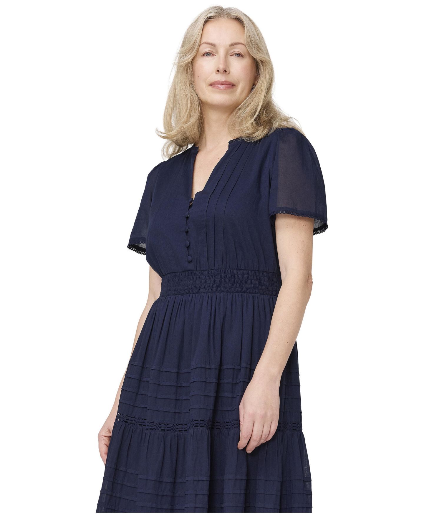 Женское платье Finery London Juniper V-Neck Tiered Short-Sleeve Cotton Midi, цвет: Тёмно-синий — фото 2