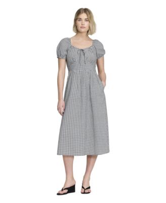 Women's Kaitlyn Gingham Short Puff-Sleeve Sweetheart Midi Dress