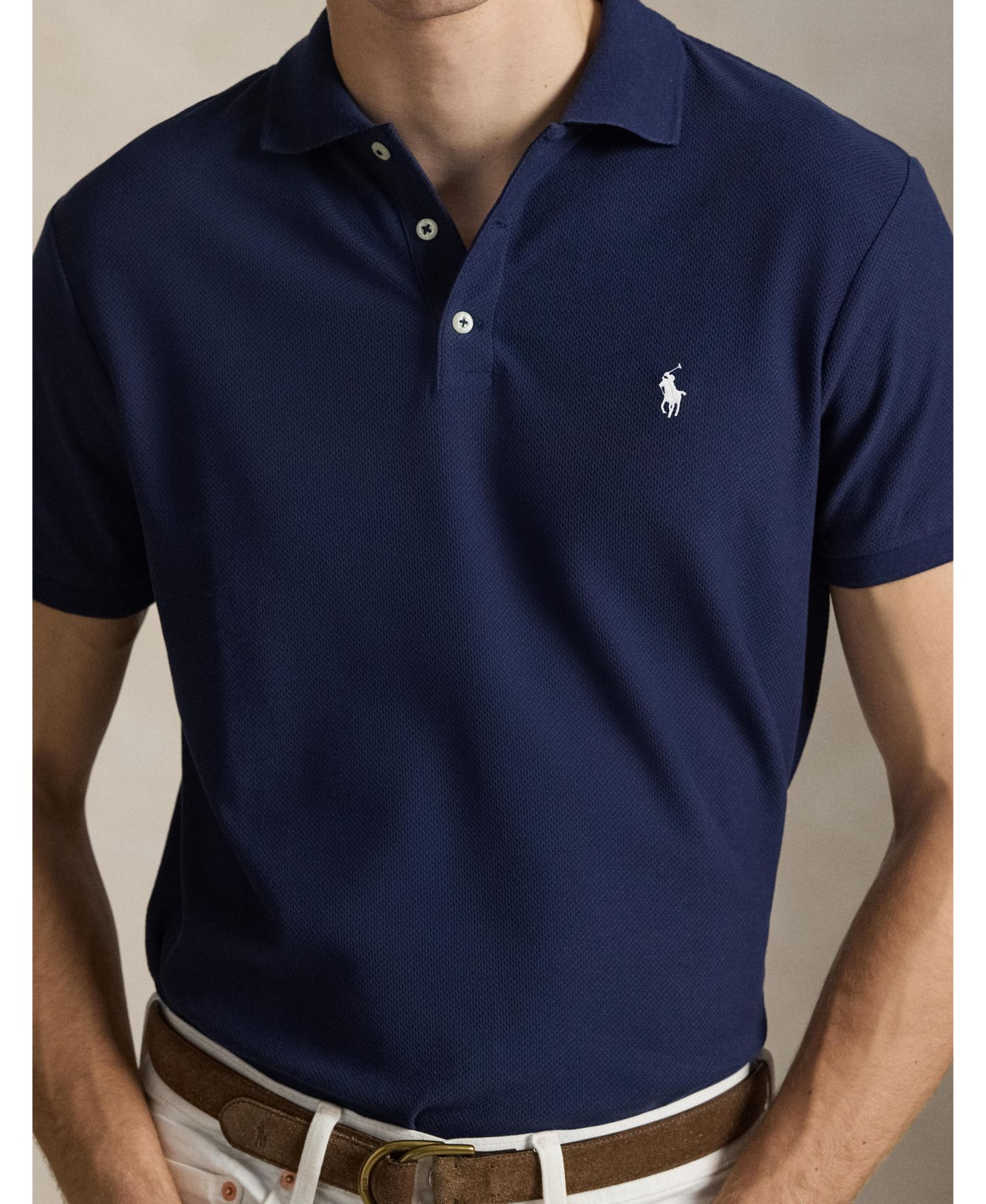 Мужское поло Polo Ralph Lauren Custom Slim-Fit Honeycomb-Mesh Polo Shirt, цвет: Тёмно-синий — фото 4