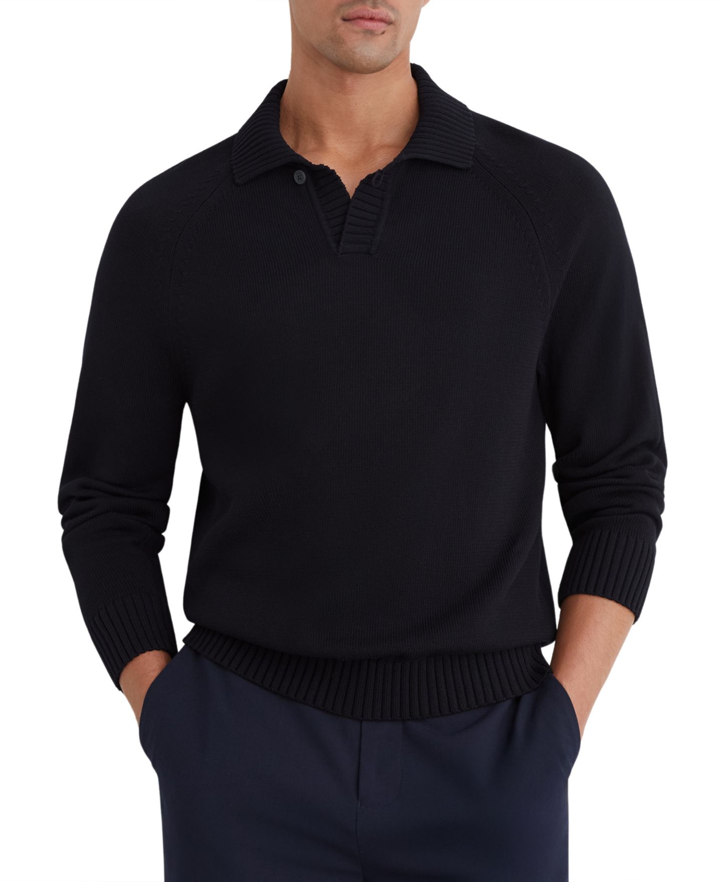 Мужской свитер REISS Ashdown Long-Sleeve Open-Collar Raglan, цвет: Тёмно-синий — фото 1