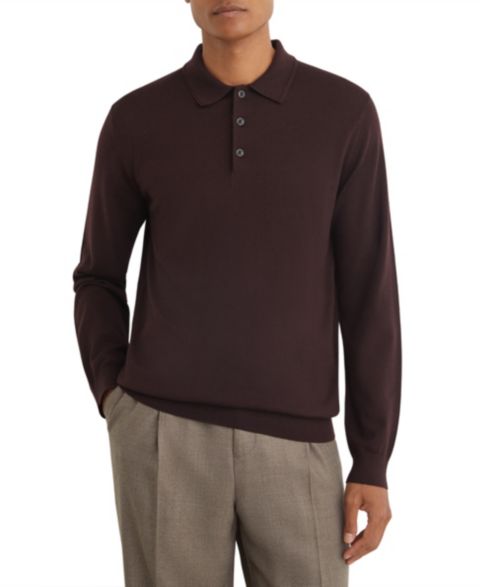 Мужское поло REISS Trafford Slim-Fit Merino Wool Ribbed Polo Shirt, цвет: Бордо