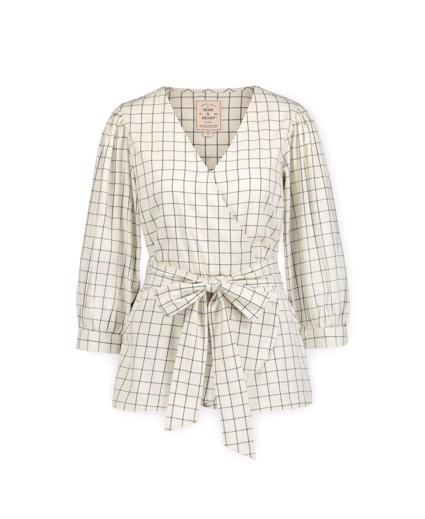 Женский топ Hope & Henry Puff Sleeve Wrap, цвет: Молочный / Тёмно-синий — фото 14