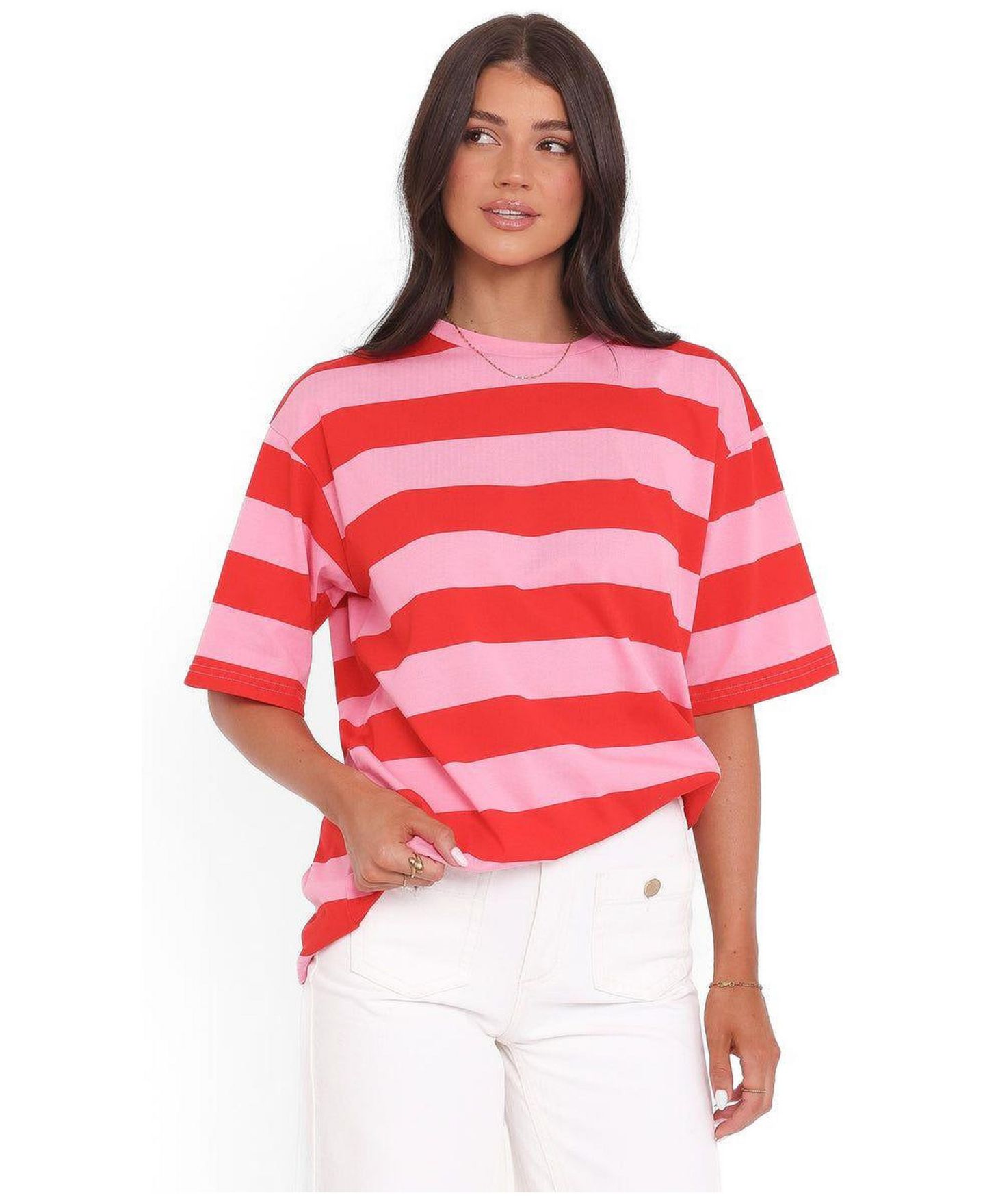 Женская футболка Petal and Pup Striped Crewneck Cotton-Blend Zestora, цвет: Красный розовый полосатый — фото 1