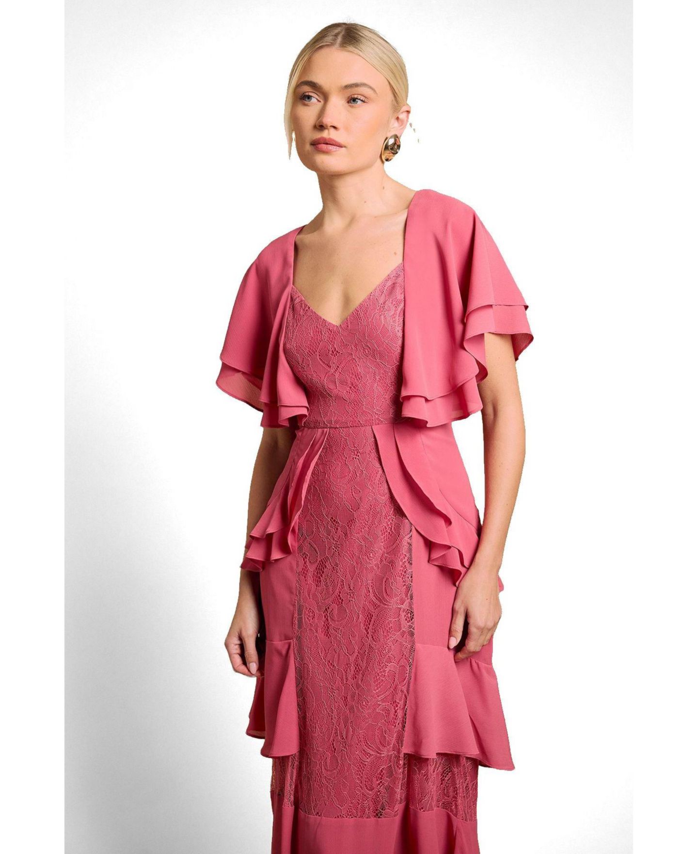 Женское платье Oasis Lace Ruffle V-Neck, цвет: Пустынный розовый — фото 2