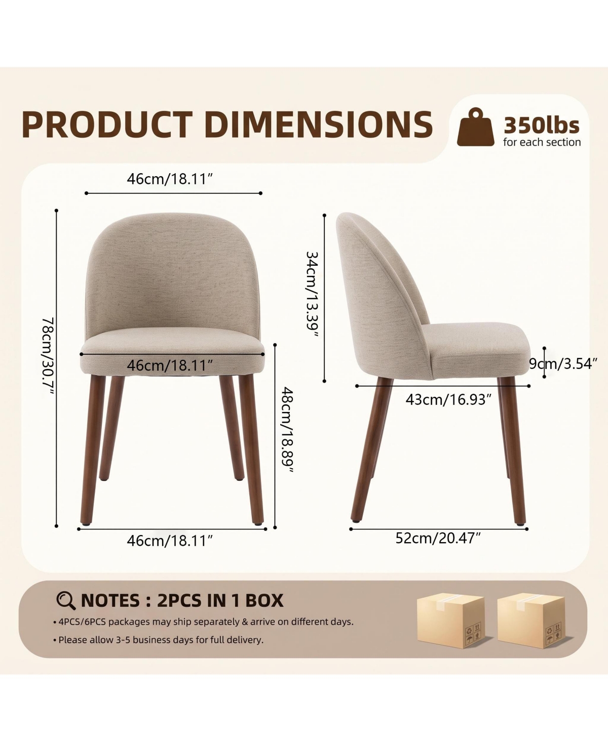 gaomon Wooden Dining Chair Set of 2 Upholstered Fabric Chair,Modern Kitchen Chairs with Curved Backrest Leveling Feet