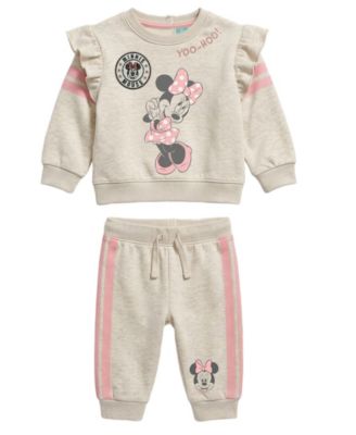 Baby Girls' Minnie Mouse Long-Sleeve Ruffle-Shoulder Crewneck Sweatshirt and Jogger Pants,  2-Piece Set