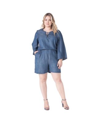 Plus Size Barbie Bell-Sleeve Lace-Up V-Neck Denim Romper