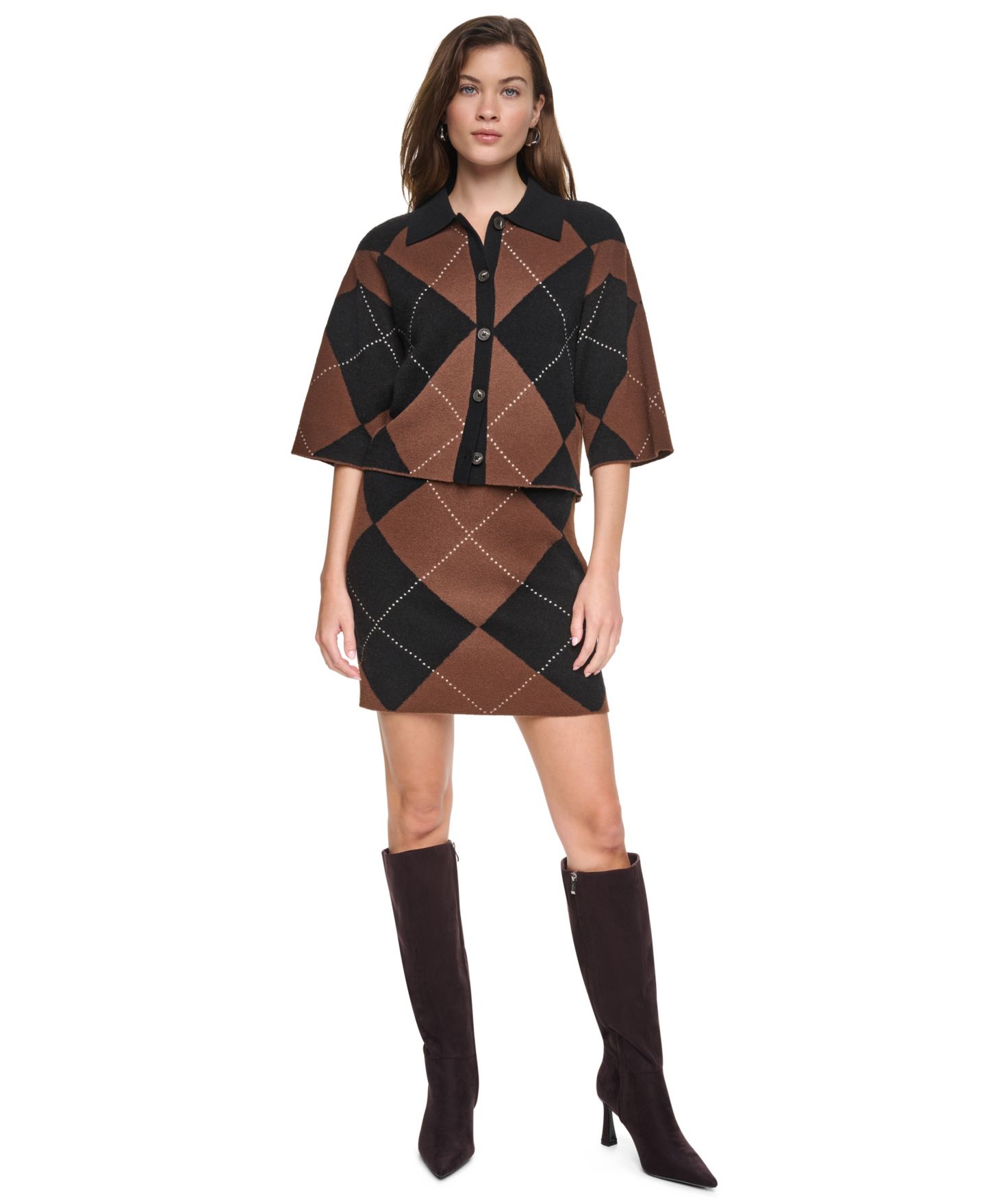 Женская юбка DKNY Jeans Fuzzy Argyle A-Line Mini, цвет: Чёрный / Каштановый — фото 2