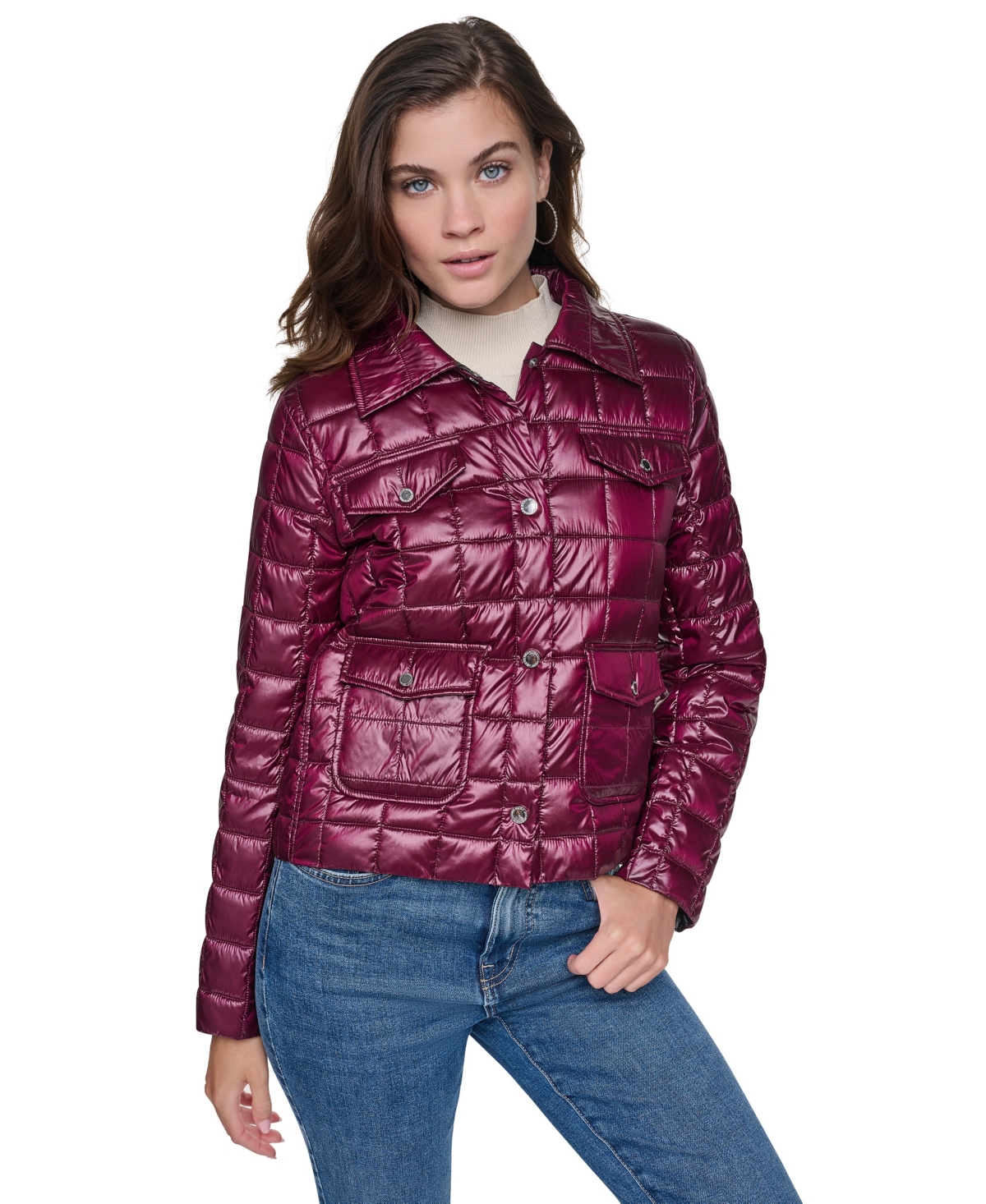 Dkny Jeans Women's Box Quilt Lightweight Jacket In Metallic Claret