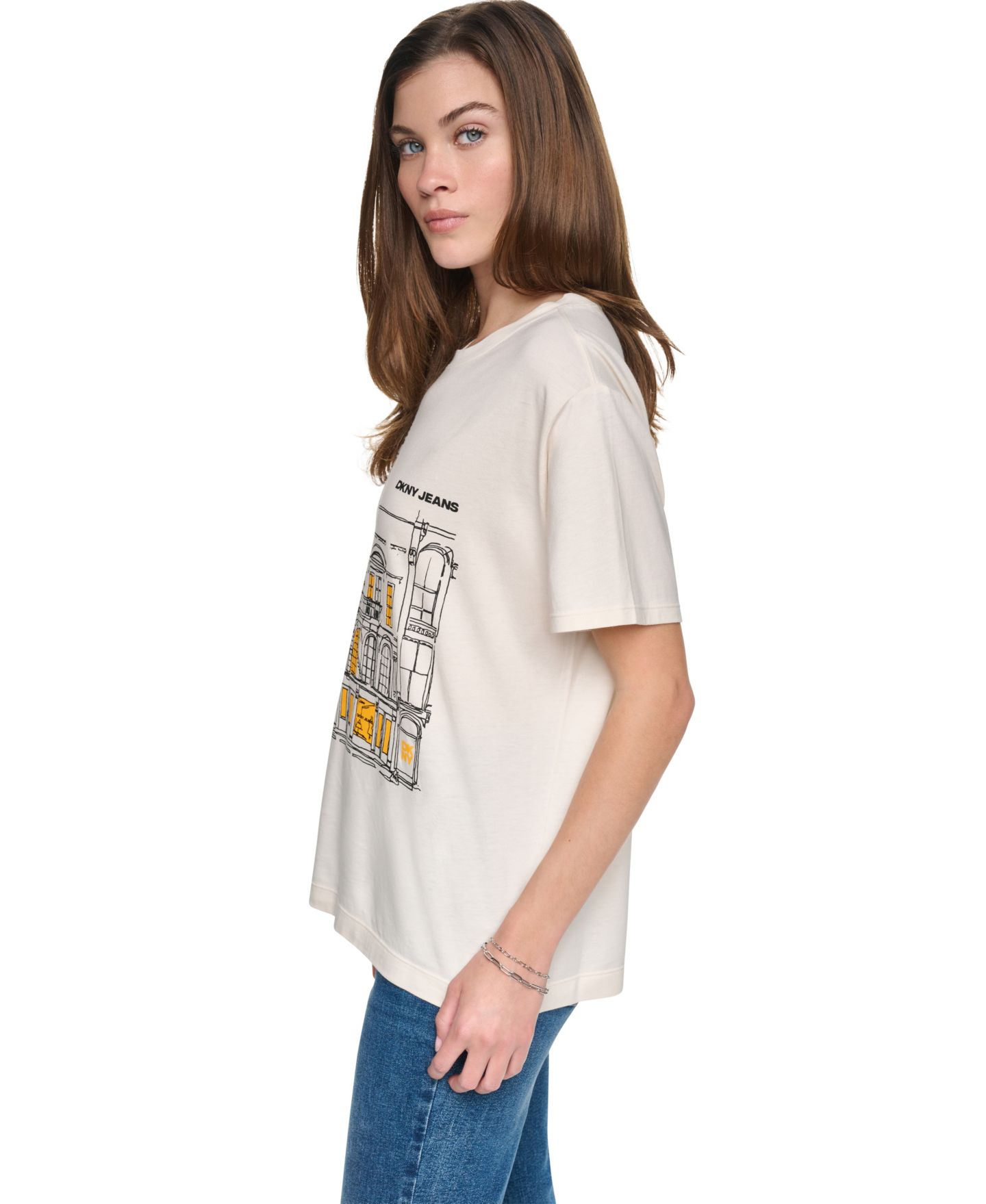 Женская футболка DKNY Jeans New York Downtown Logo Relaxed Graphic Cotton-Blend, цвет: Сливочный / Жёлтый — фото 3