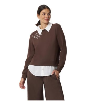 Women's Collared Long-Sleeve Embellished Twofer Top