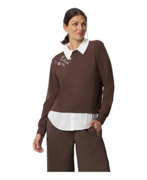 Женский топ Cable & Gauge Collared Long-Sleeve Embellished Twofer, цвет: Шоколадный коричневый