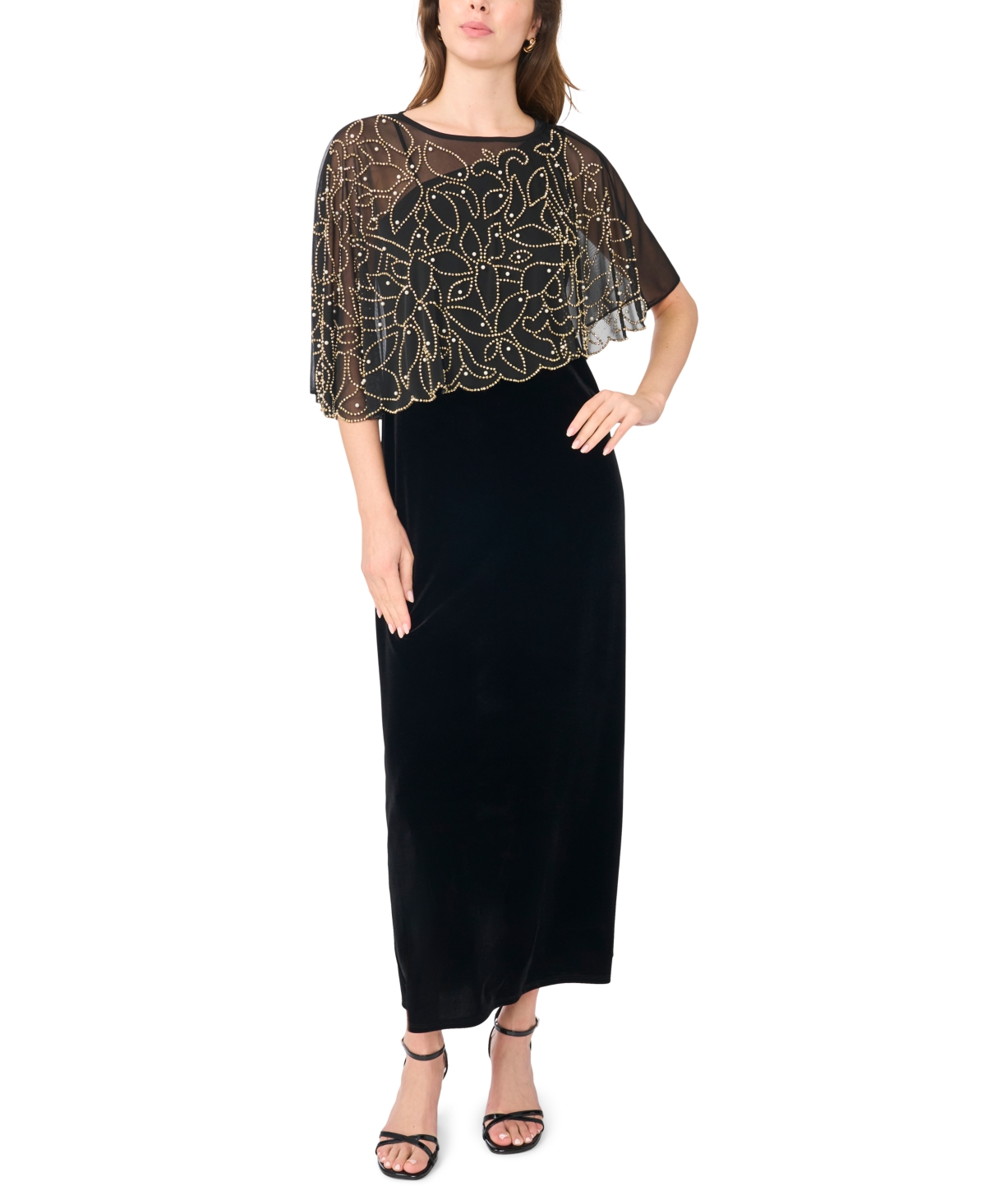 Msk Women's Faraj Velvet Beaded-cape Maxi Dress In Black