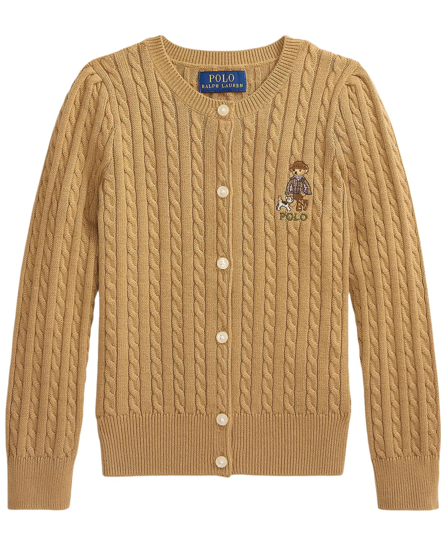 Кардиган Polo Ralph Lauren Polo Bear Mini-Cable Cotton Cardigan для девочек, цвет: Рыжевато-коричневый — фото 1