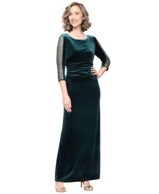 Women's Long Stretch Velvet Beaded Illusion Panel Sleeves Dress
