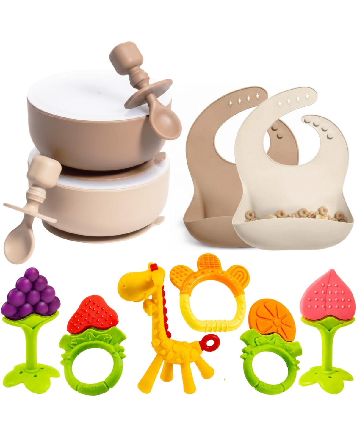 Sperric Silicone baby feeding set with suction bowls, lids, adjustable bibs, and teething toys. Bpa-free, dishwasher and freezer safe - Neutral