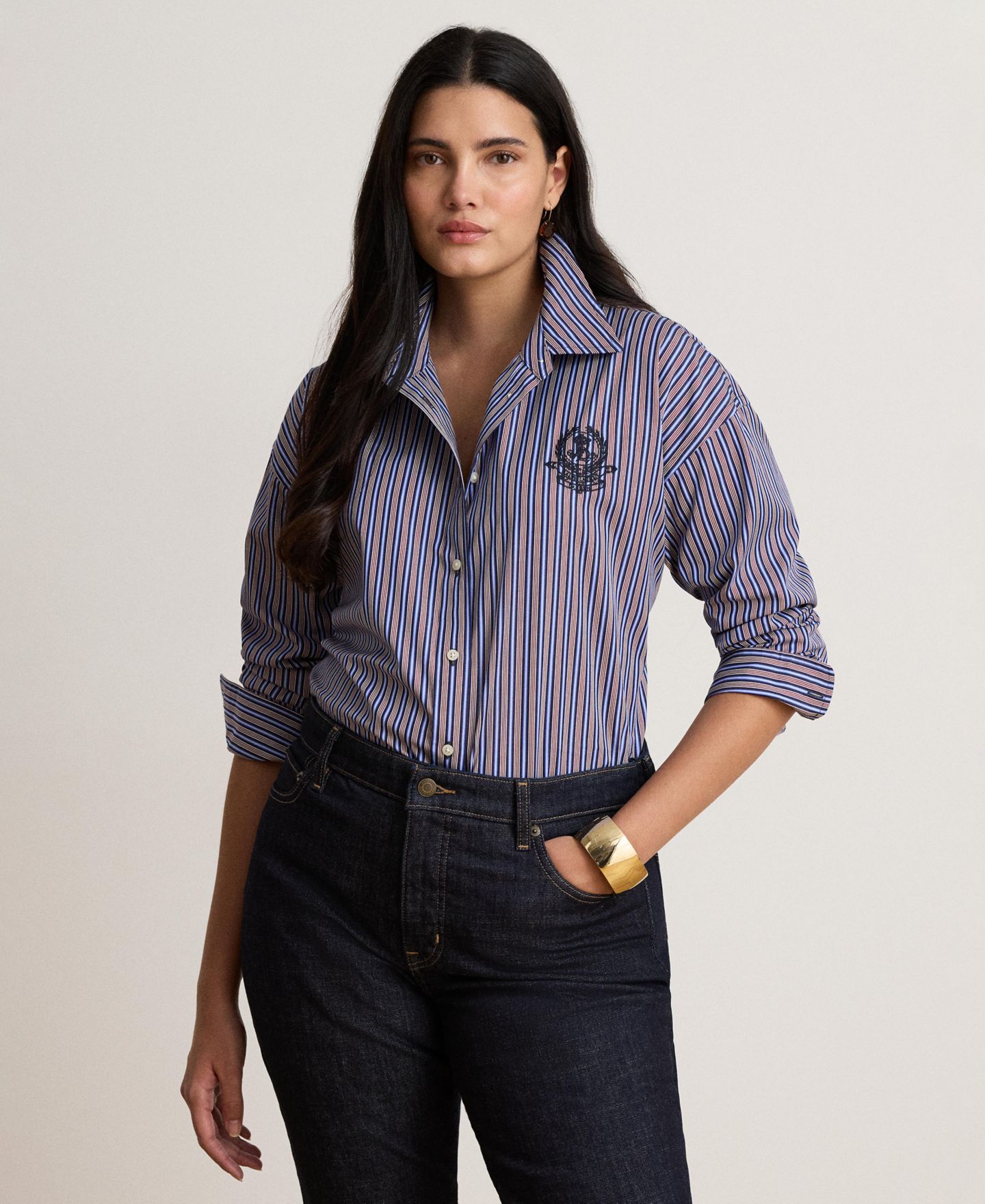 Женская рубашка Lauren Ralph Lauren Striped Point-Collar Relaxed-Fit Button-Down, цвет: Тёмно-синий / Оранжевый разноцветный — фото 2