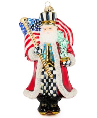 Santa with Flag Glass Ornament