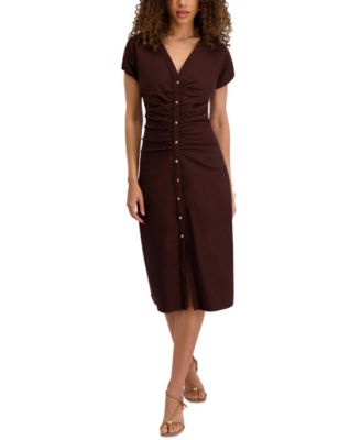 Women's V-Neck Short-Sleeve Midi Shirt Dress
