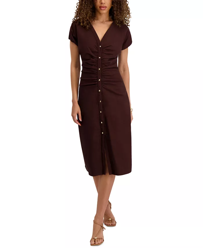 Women's V-Neck Short-Sleeve Midi Shirt Dress