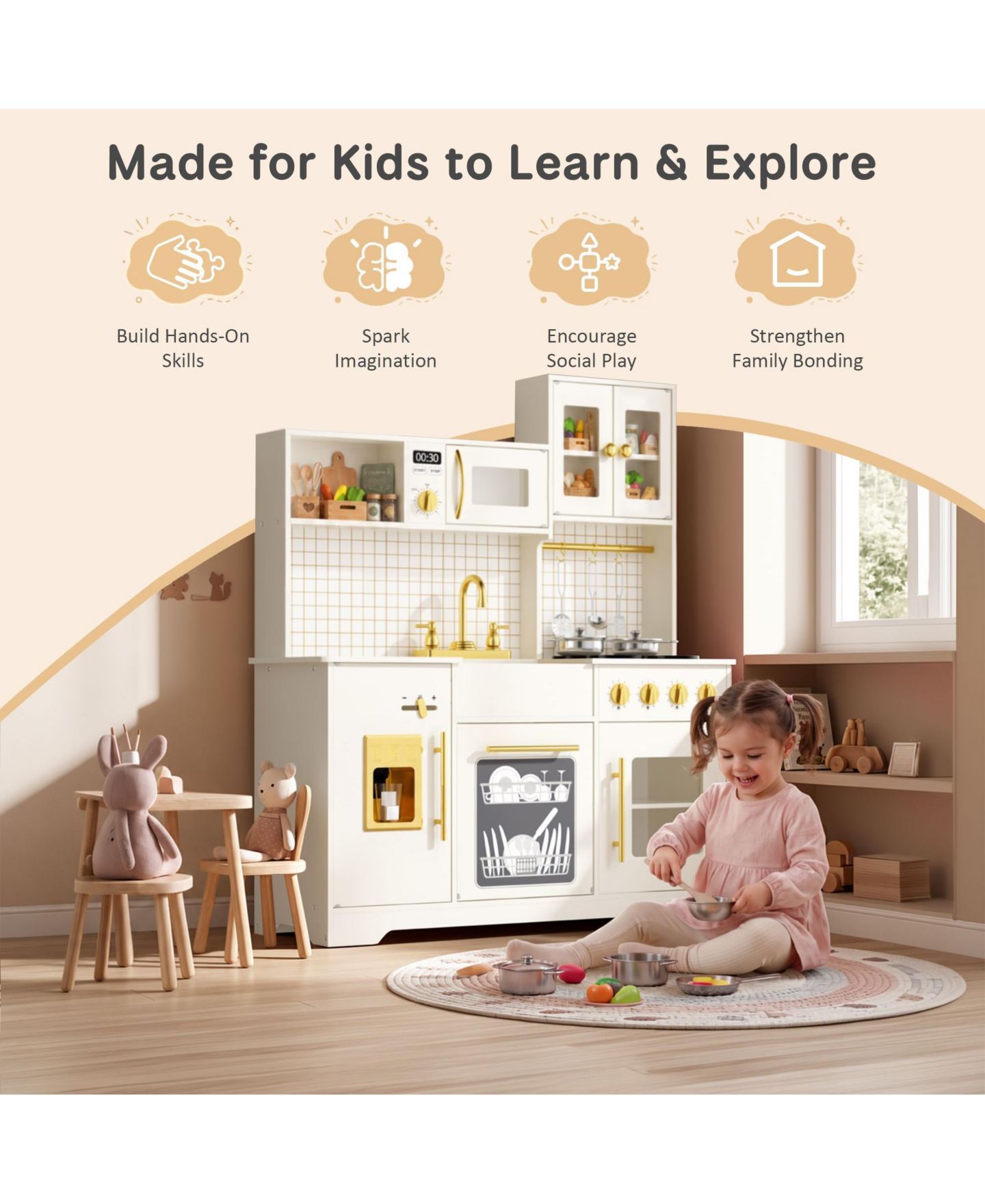 Детские игрушки Kinder King Kids Play Kitchen, Wooden Toy Kitchen Playset for Toddler, Pretend Oven, Microwave, Kitchen Sets for Age 3+, цвет: Бежевый / Хаки — фото 4