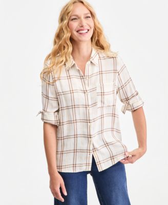 Women's Plaid Lurex Button-Up Perfect Shirt