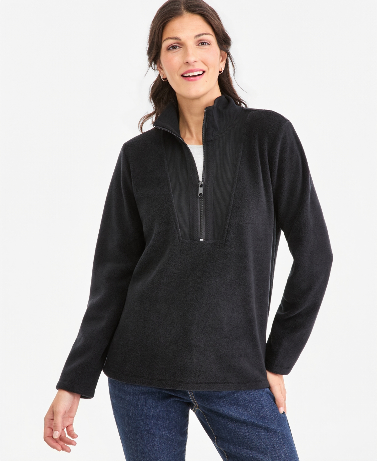 Style & Co Women's Polar Fleece Quarter Zip Sweatshirt, Macy's Exclusive - Deep Black