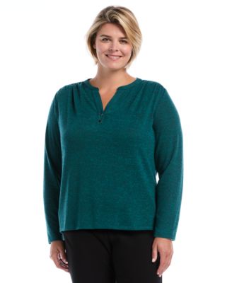 Plus Size Shirred Split Neck Long Sleeve T-Shirt