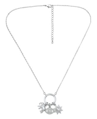 Fine Silver-Plated Over Brass Circle Charm Holder with Elephant, Evil Eye and Sun Charms Necklace