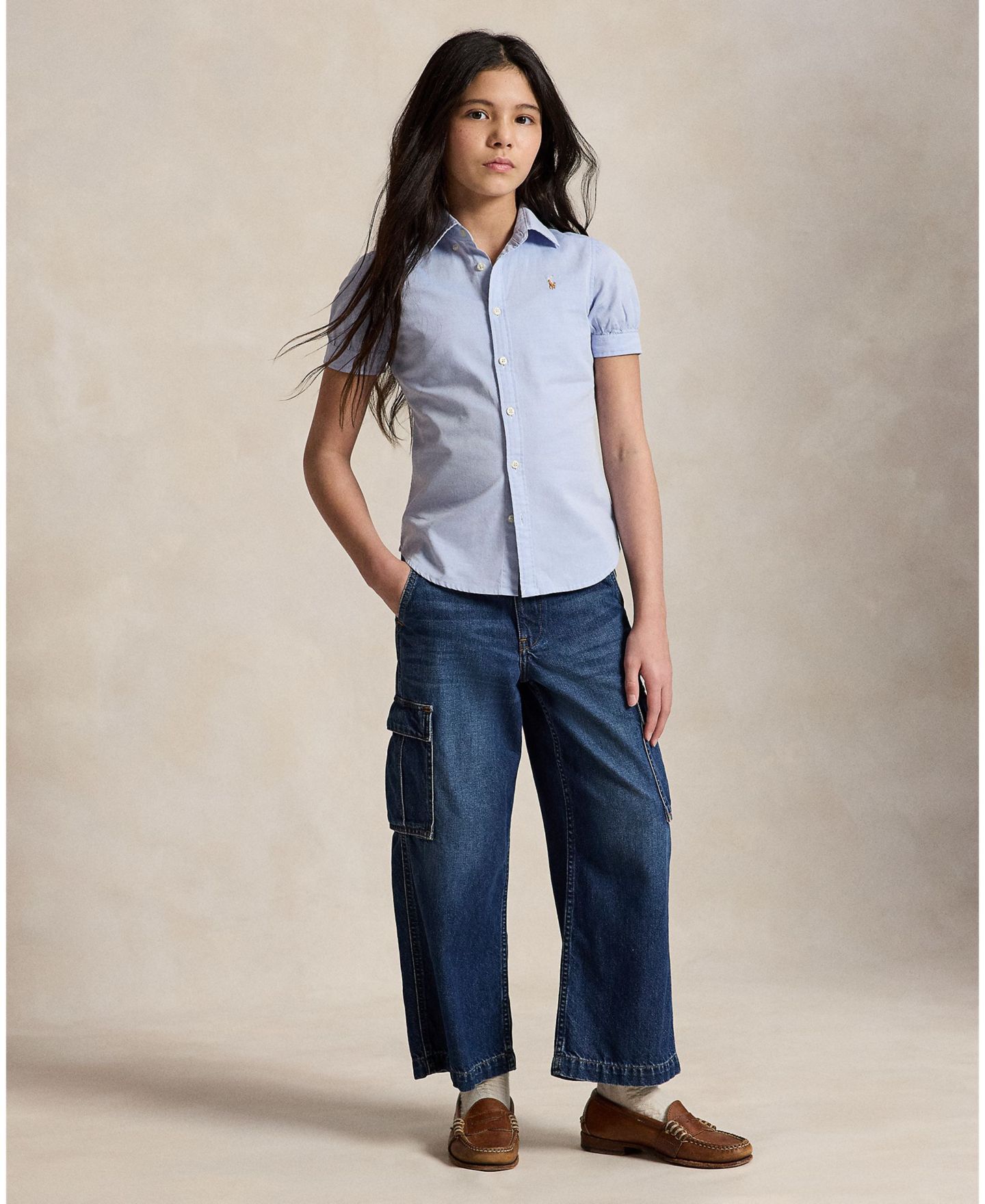 Топ Polo Ralph Lauren Short-Sleeve Solid Oxford для девочек, цвет: Синий — фото 2