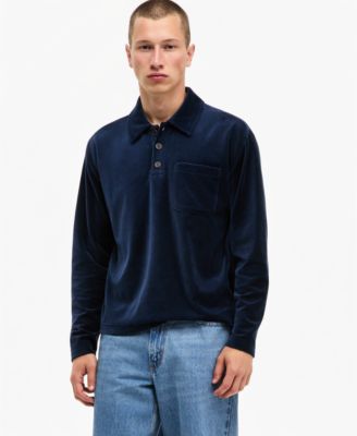 Men's Long-Sleeve Relaxed-Fit Velour Polo Shirt