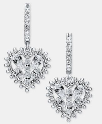 Silver-Tone Cubic Zirconia and Crystal Heart Hoop Drop Earrings