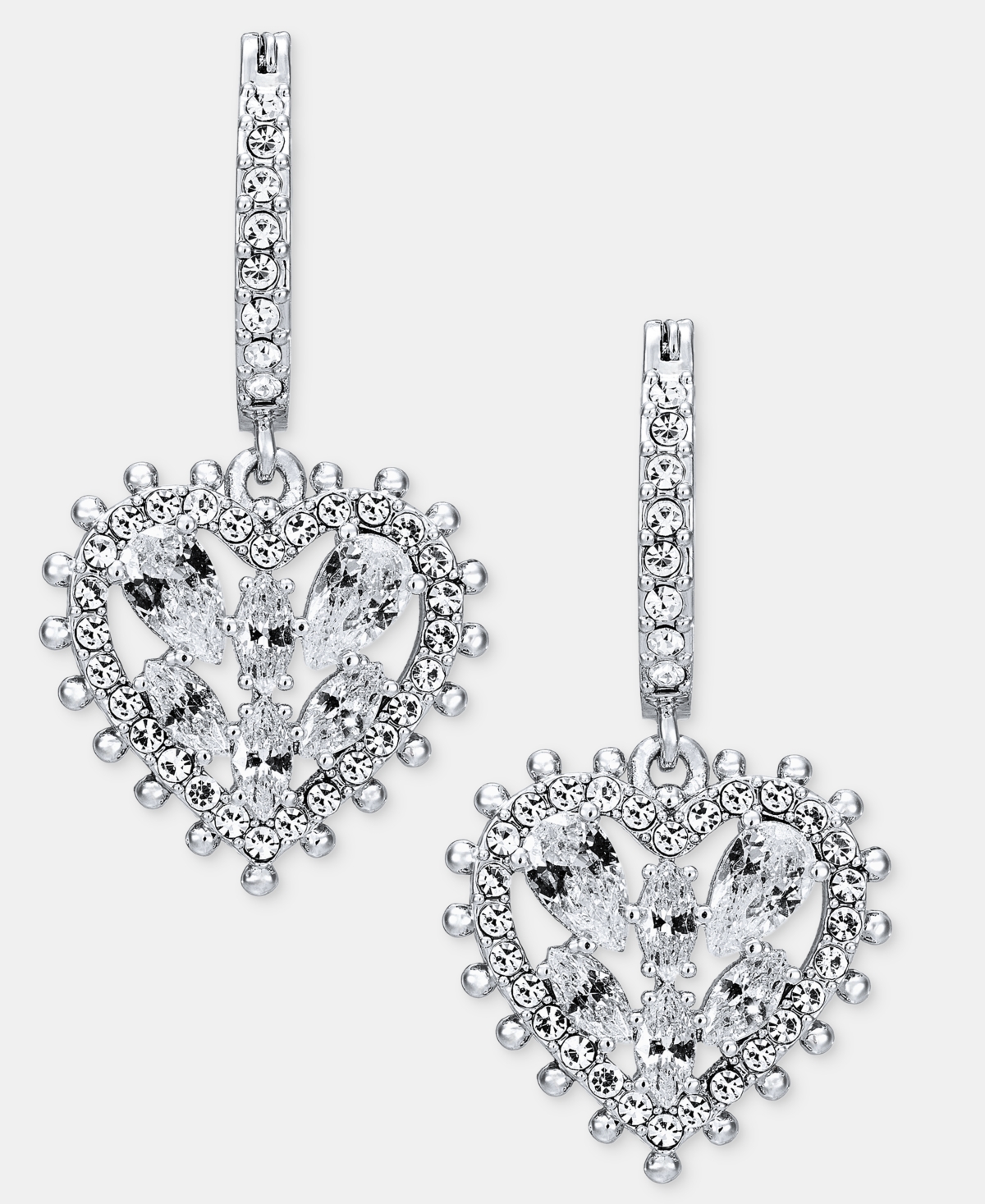 Marchesa Silver-Tone Cubic Zirconia and Crystal Heart Hoop Drop Earrings - White