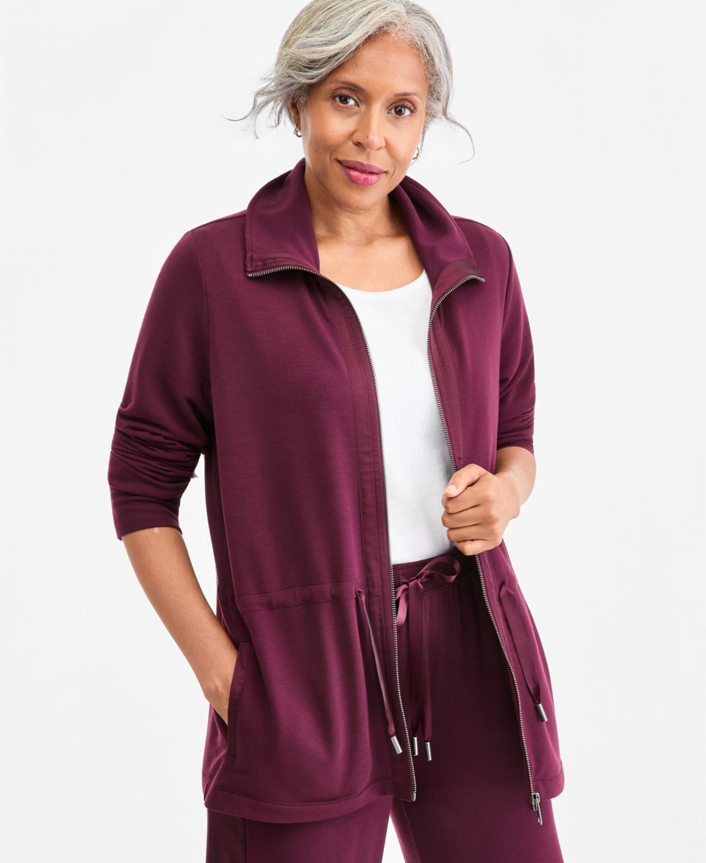 Женская куртка Style & Co Plus Size LuxLounge French Terry Zip-Up Satin-Trim, цвет: Ягодный — фото 1