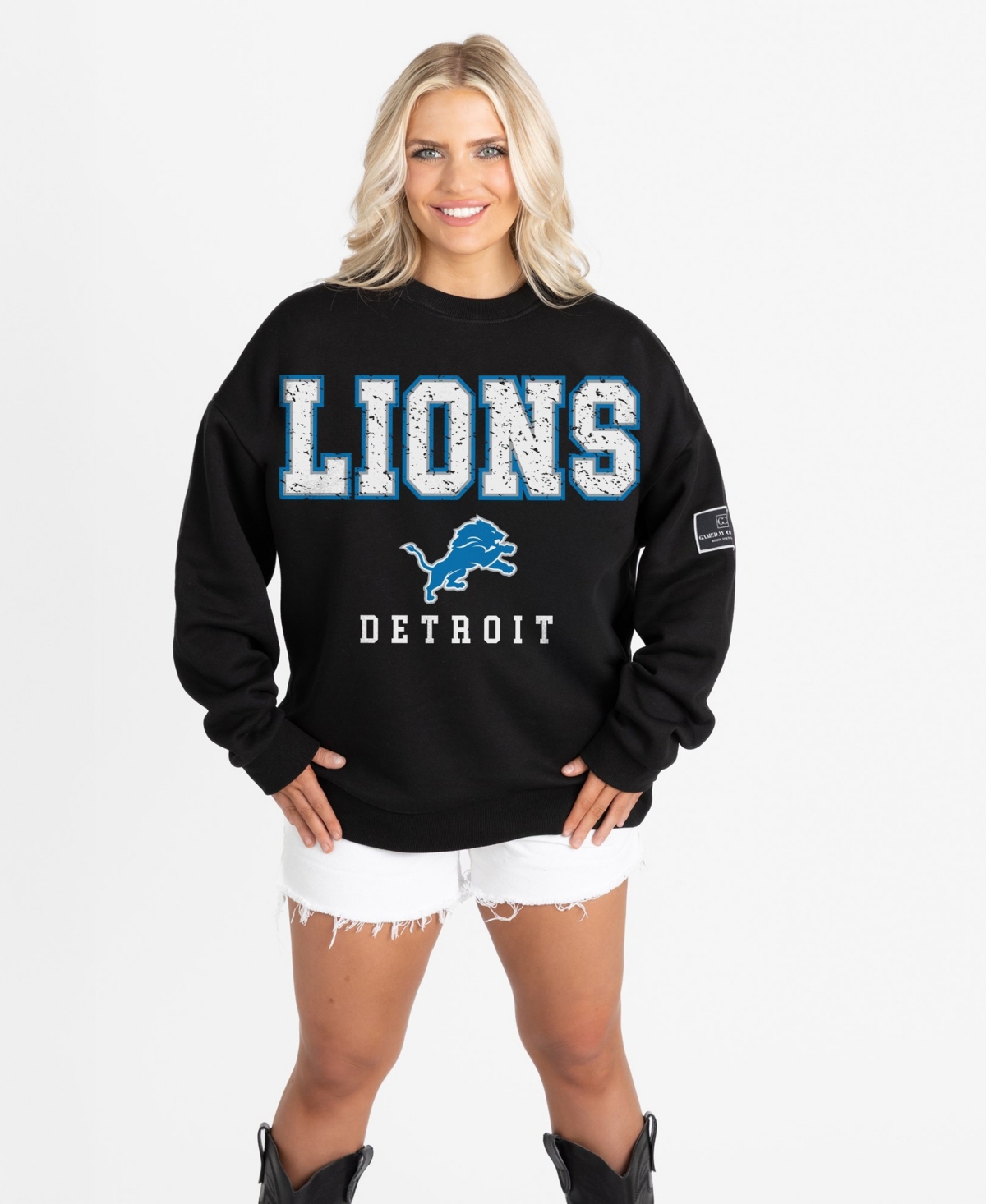 Women's Gameday Couture Black Detroit Lions Oversized Level Up Black Label Premium Fleece Sweatshirt