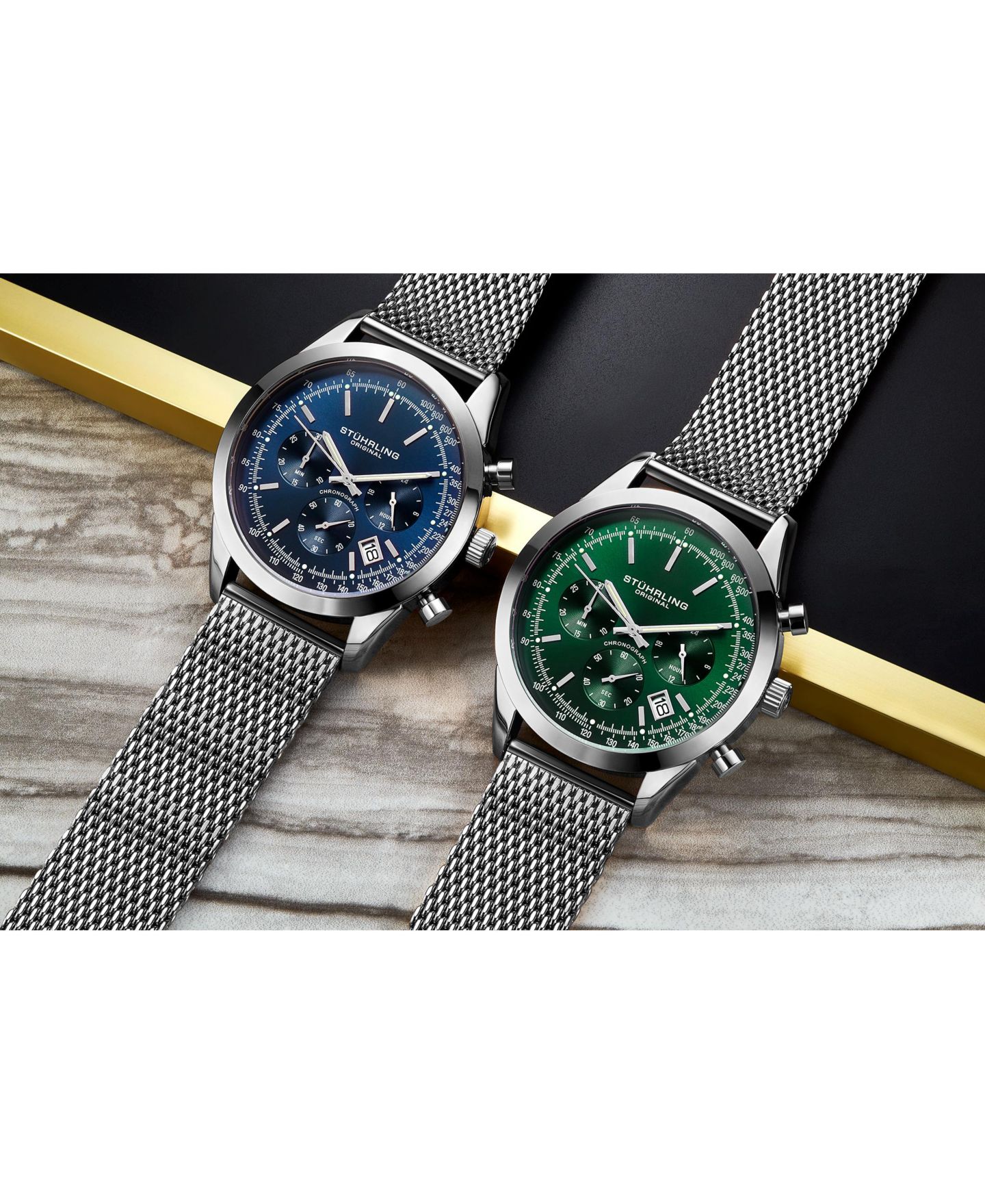 Мужские часы Stuhrling Rialto 3975.9, хронограф, 44 мм, зелёный циферблат, браслет, цвет: Серебряный — фото 4