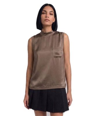 Women's Sleeveless Satin Ribbed Mock Neckline Blouse