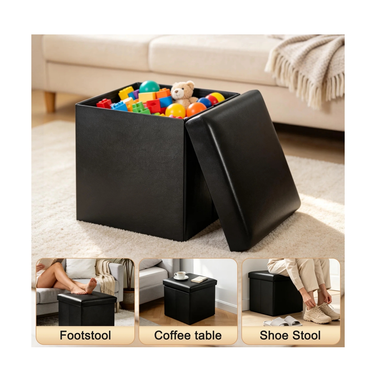 Slickblue 15 Inch Storage Ottoman Cube with Lid for Bedroom and Living Room