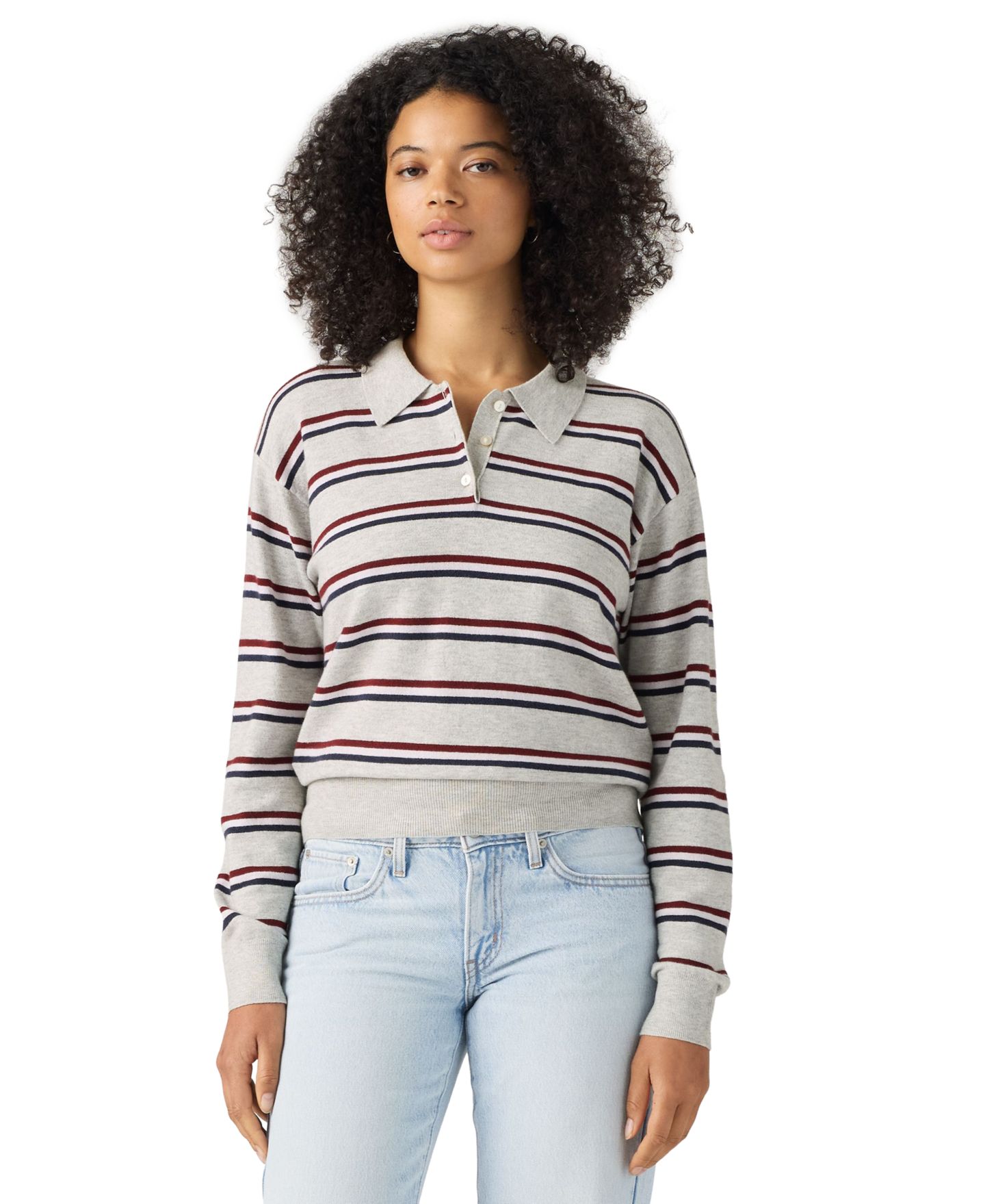 Женский свитер Levi's Premium Long-Sleeve Polo, цвет: Нефритовый полосатый серый меланжевый — фото 2