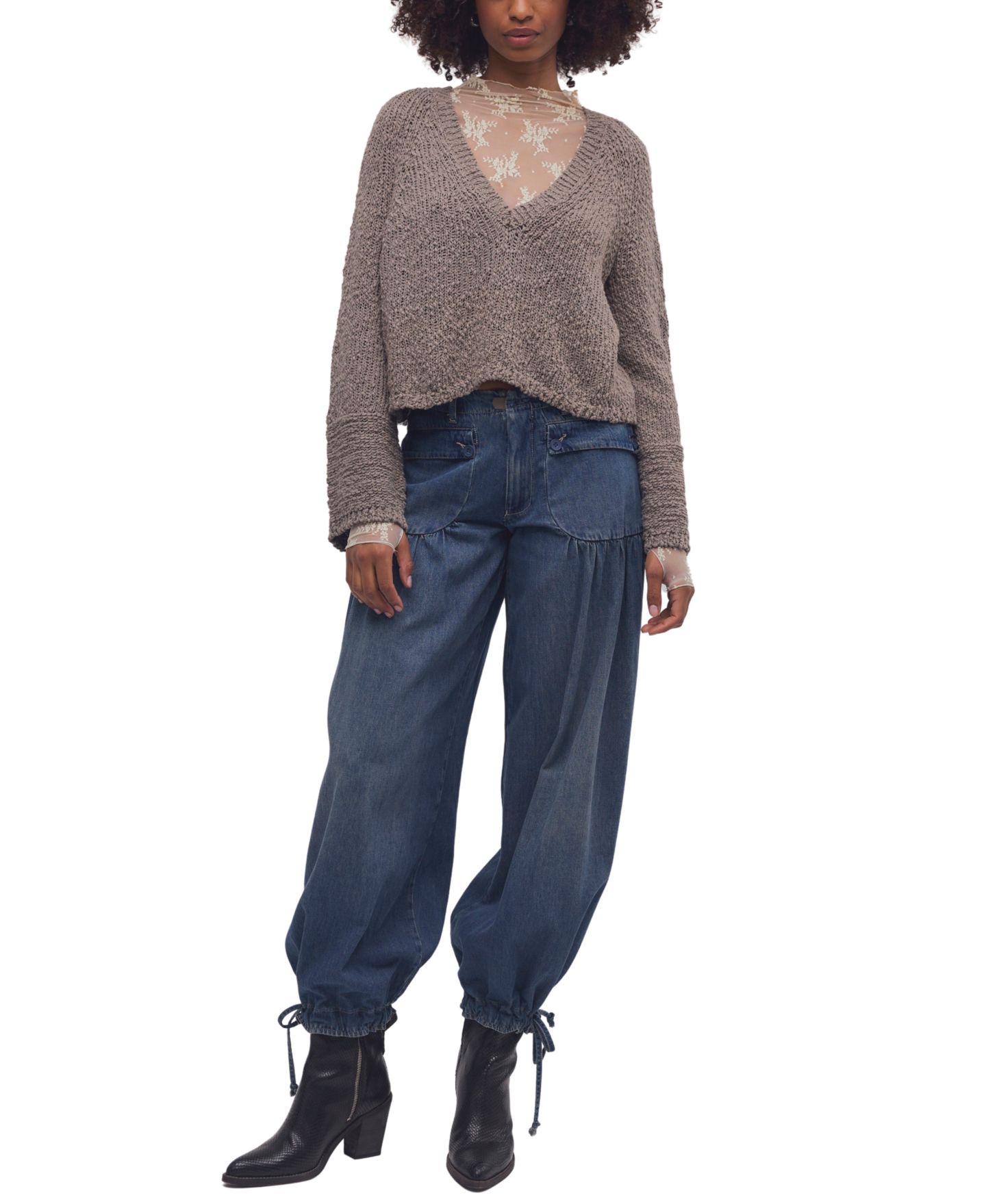 Женский свитер Free People Heartland Cropped Flared-Sleeve V-Neck Pullover, цвет: Коричневый — фото 2